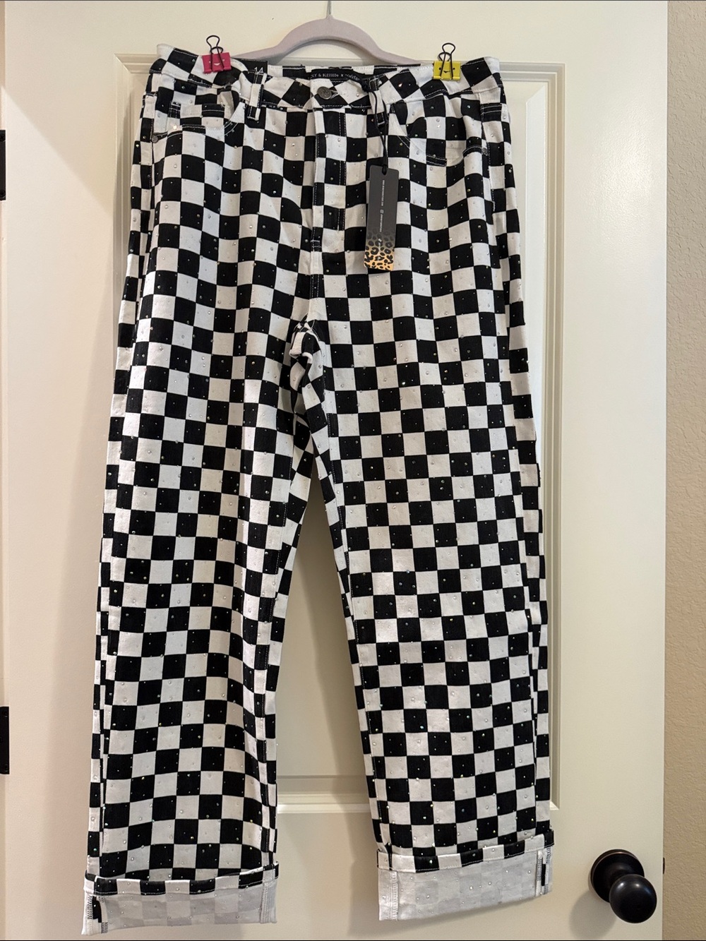 Lucky & Blessed Black and White Checkered Boyfriend Jeans w/Rhinestones